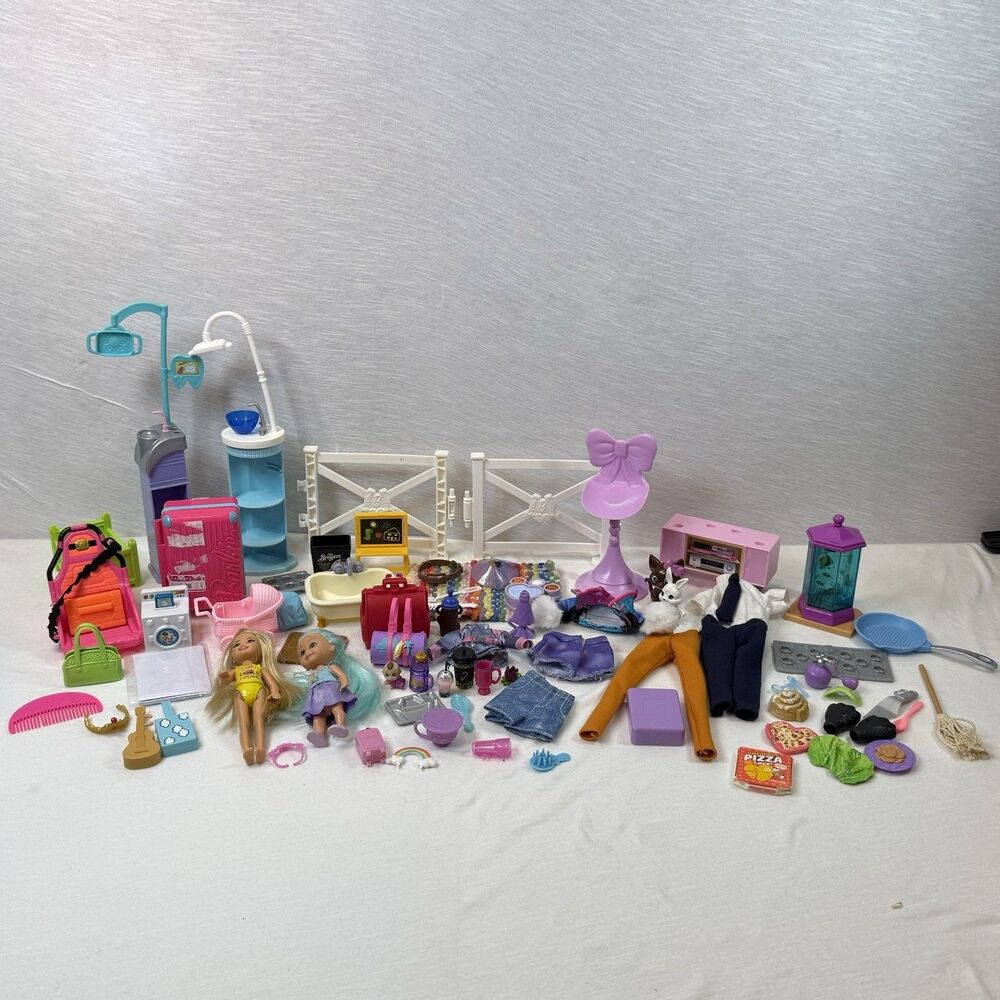 Barbie Doll Accessories Chelsea Doll 80+ Items Suitcases Cups Household Lot